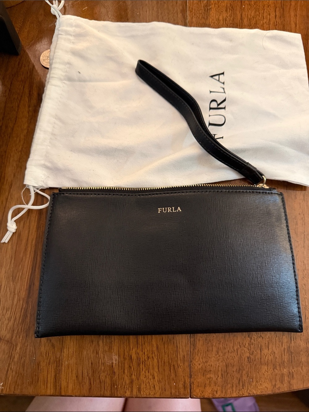 Furla Carmelia Black Leather Zip Wristlet with Gold Logo